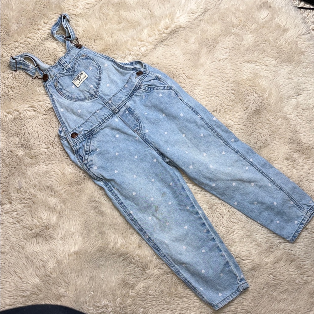 🍄4T Osh Kosh Light Blue Denim Overalls with heart Polka Dots girls